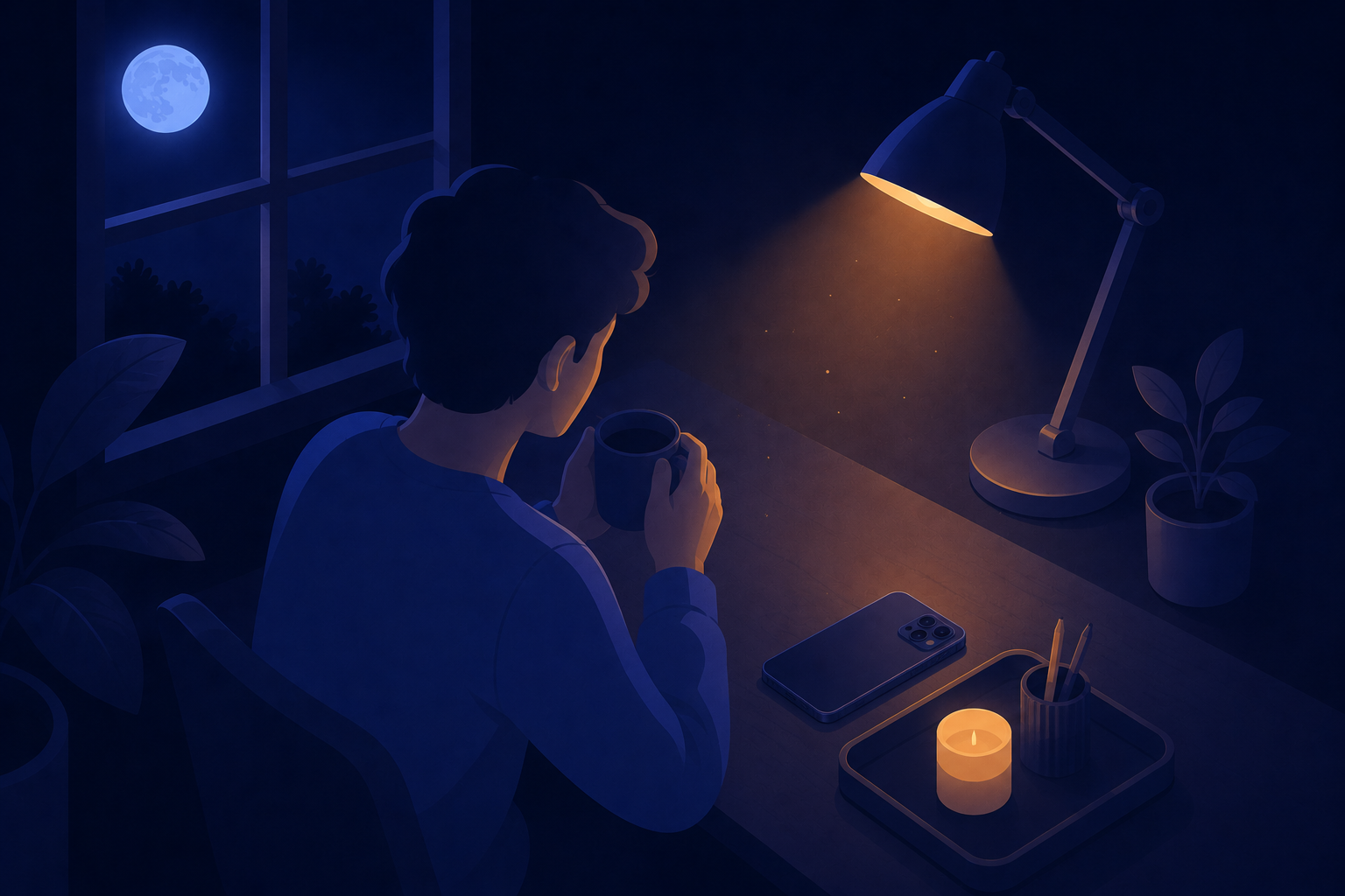 A phone resting face-down beside a softly-glowing lamp at night, with a closed book nearby.