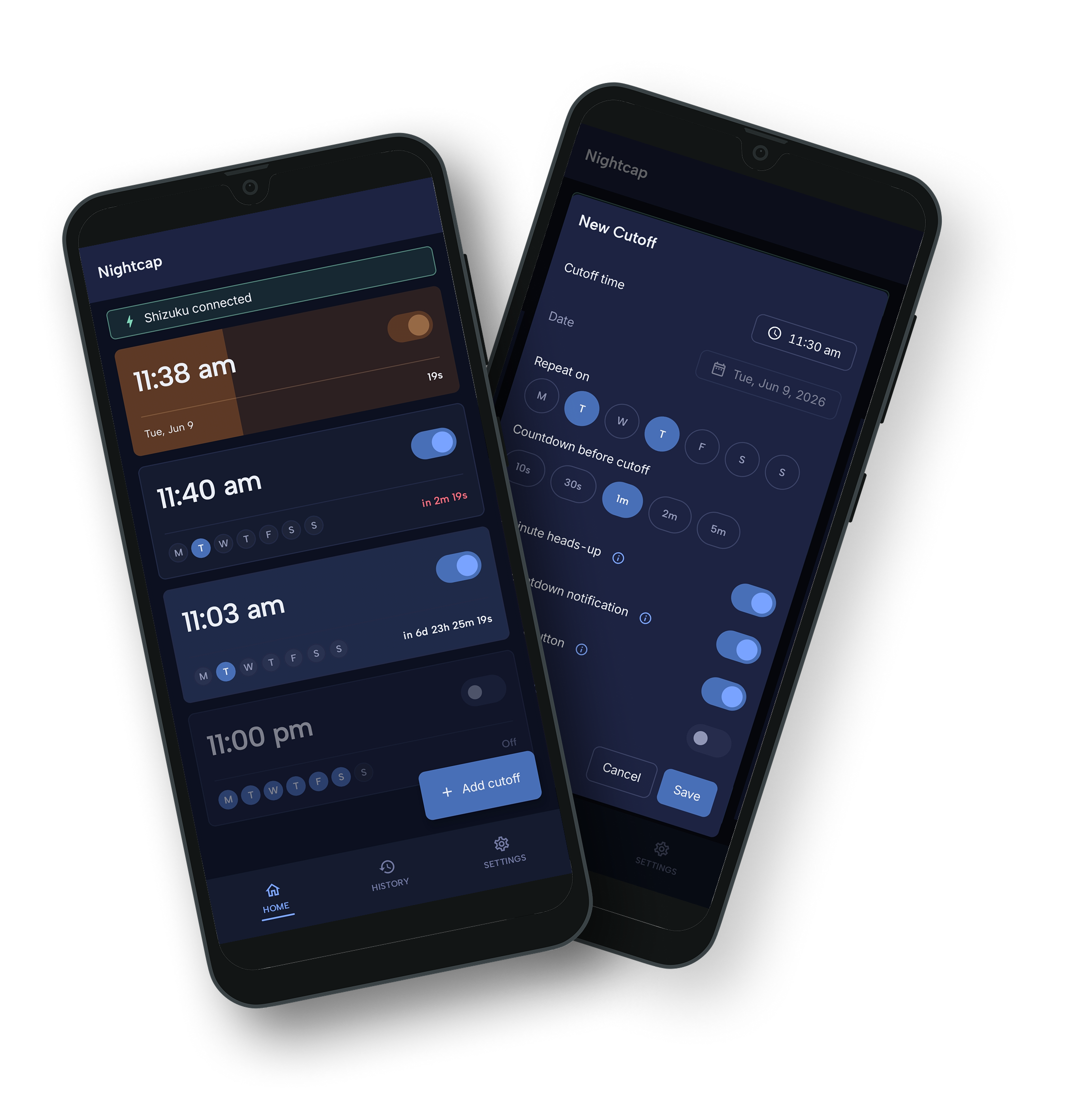 Two Nightcap phone mockups side by side: the home tab with armed and imminent cutoff cards, and the New Cutoff editor.