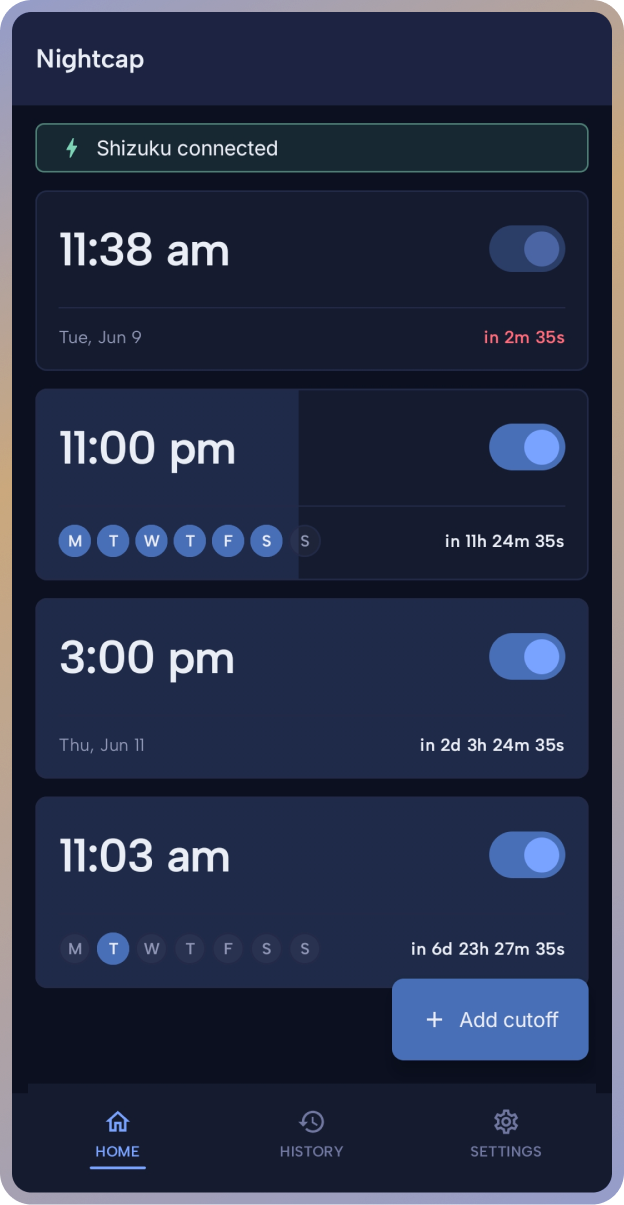 Home tab showing an armed cutoff card.