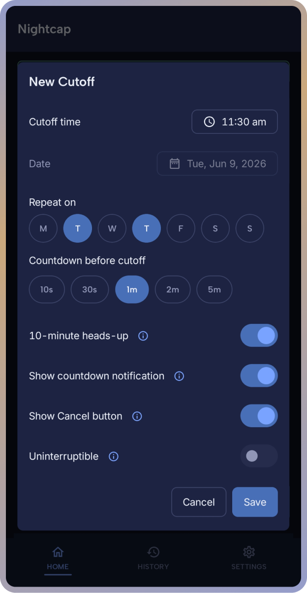 New Cutoff editor showing time picker, date, weekday selector and countdown chips.